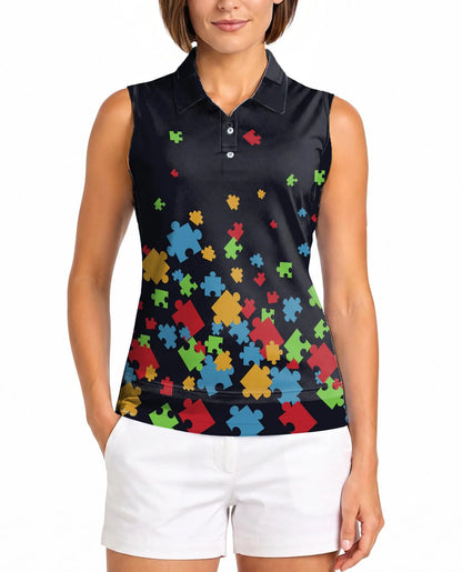 Colorful Autism Awareness Sleeveless Polo Shirt for Women, Support Style | Azhawaiian