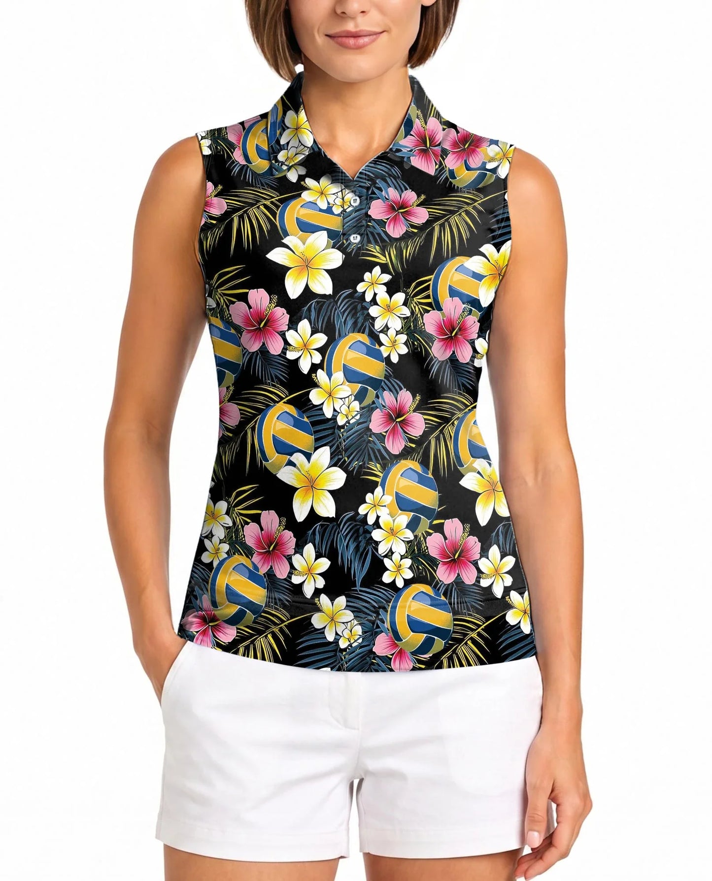 Volleyball Flower Sleeveless Polo Shirt for Women | Azhawaiian
