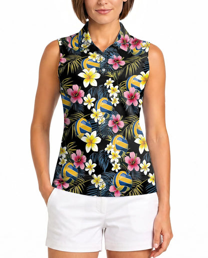 Volleyball Flower Sleeveless Polo Shirt for Women | Azhawaiian