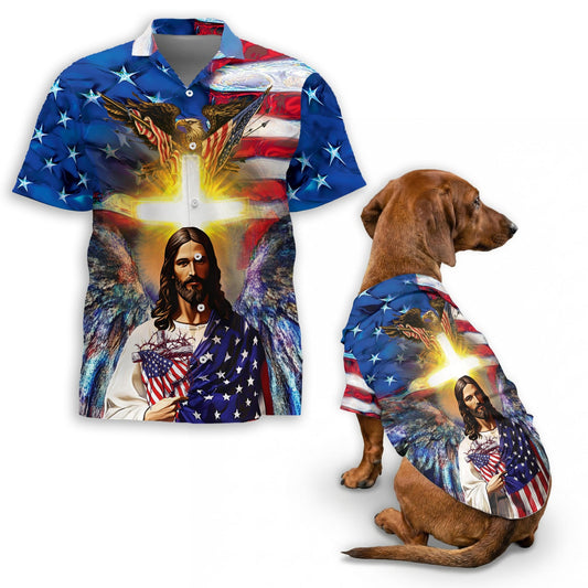 America and Jesus Bless Matching Dog Owner Hawaiian Shirts, Funny Pet Aloha Shirt for Beach Vacation - Azhawaiian