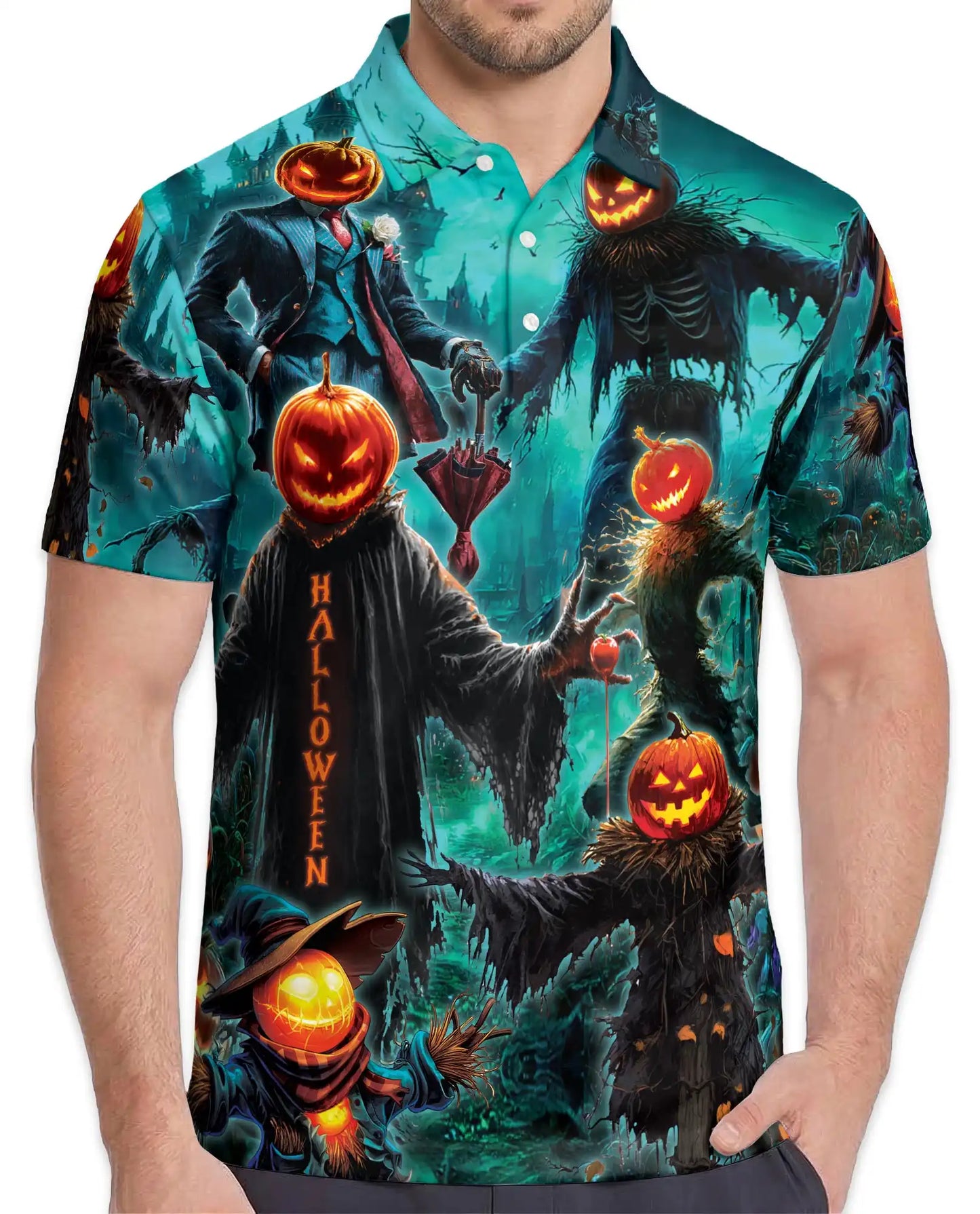 Pumpkin Scarecrow Halloween Polo Shirt - Spooky Horror Harvest Style | Azhawaiian