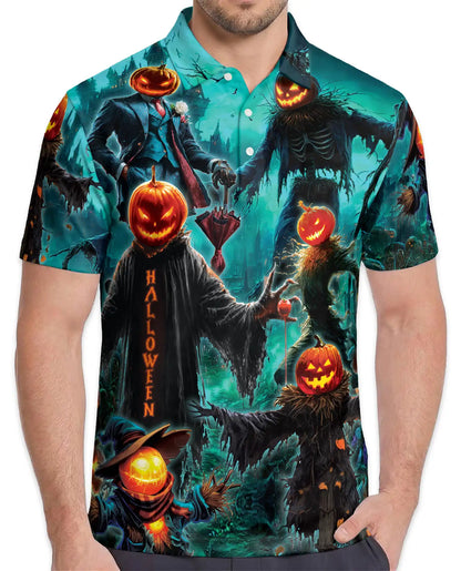 Pumpkin Scarecrow Halloween Polo Shirt - Spooky Horror Harvest Style | Azhawaiian