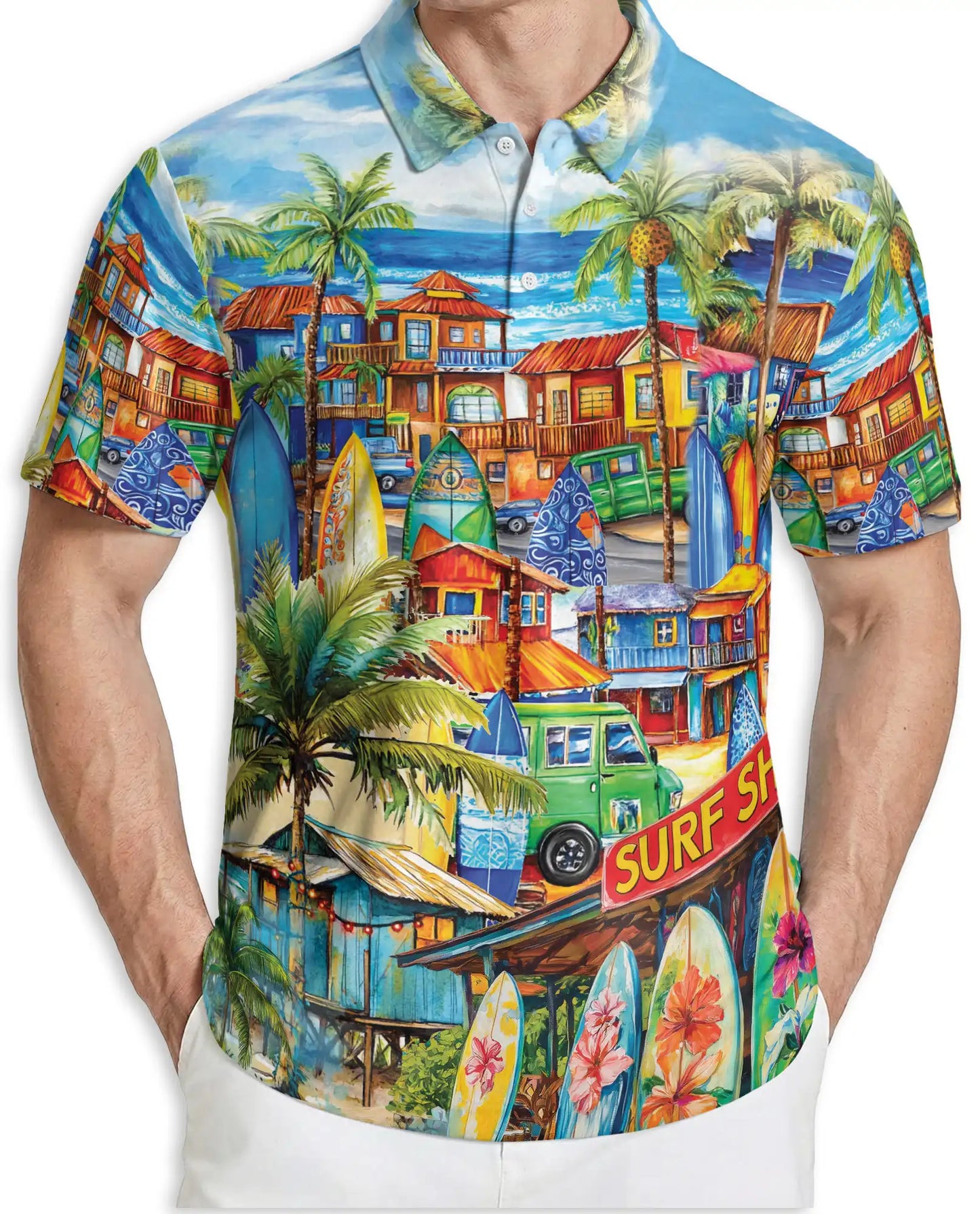 Tropical Surf Town 3D Polo Shirt for Men, Colorful Beach Vacation Style | Azhawaiian