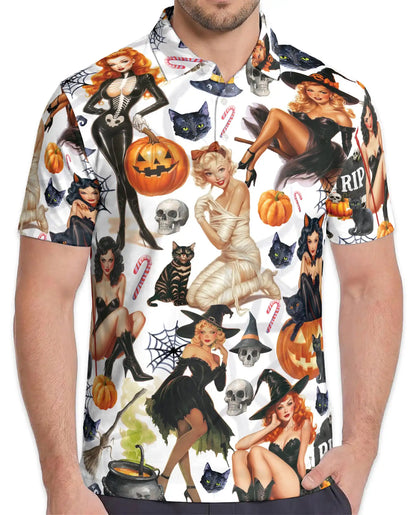 Halloween Pin Up Witch Polo Shirt - Vintage Spooky Retro Style | Azhawaiian
