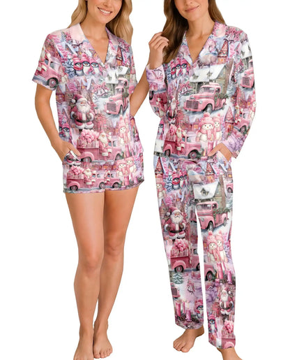 Pink Christmas Truck Pajama Set for Women – Santa & Snowman Print