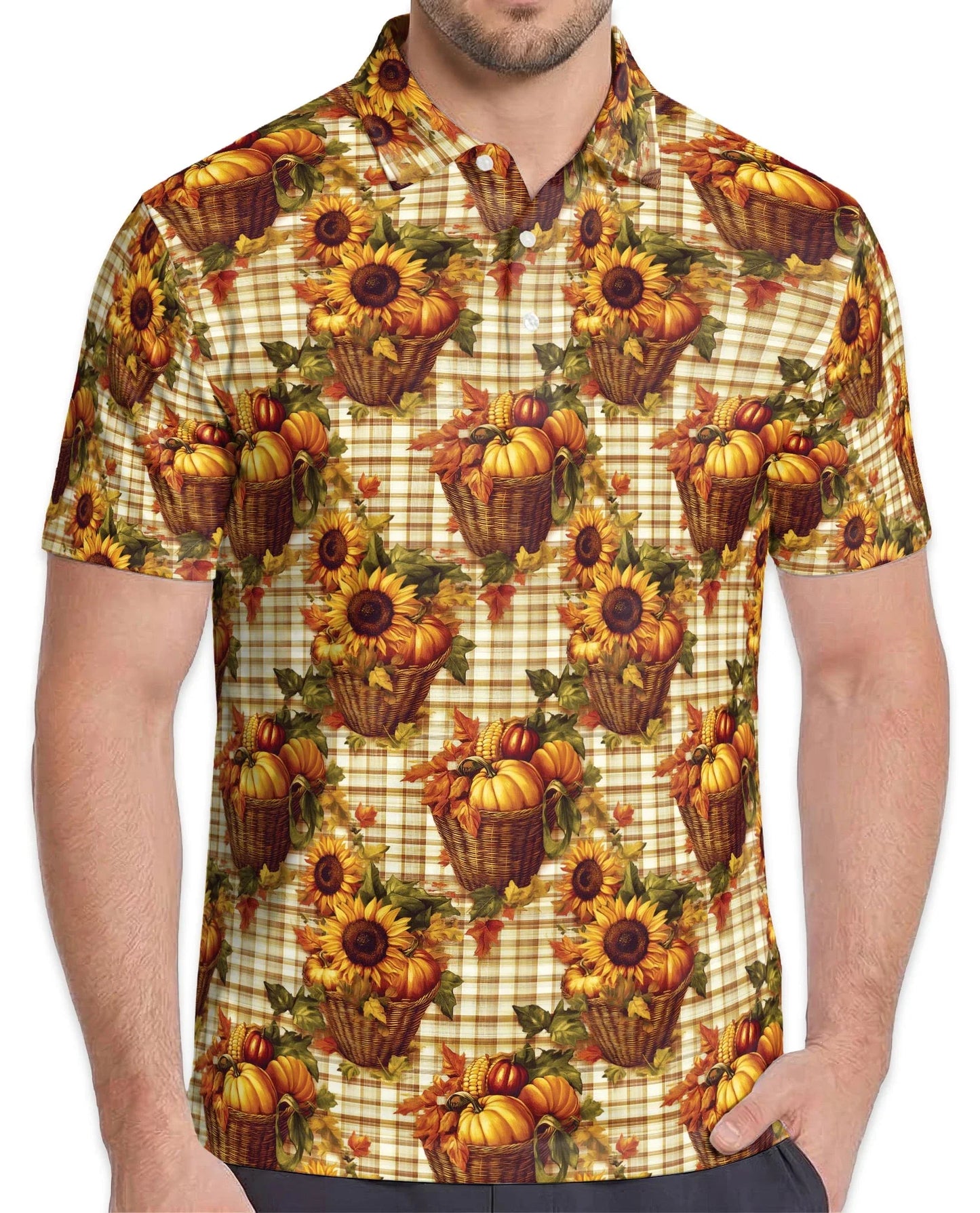 Autumn Harvest Gingham Pattern Polo Shirt for Men, Rustic Fall Style | Azhawaiian