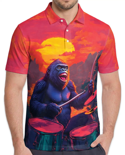 Funny Gorilla Drummer Polo Shirt - Sunset Rock Music Style | Azhawaiian