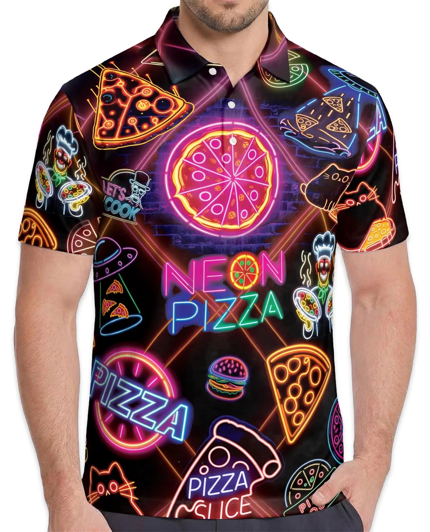 Neon Pizza Polo Shirt for Men, Colorful Food Lover Style | Azhawaiian