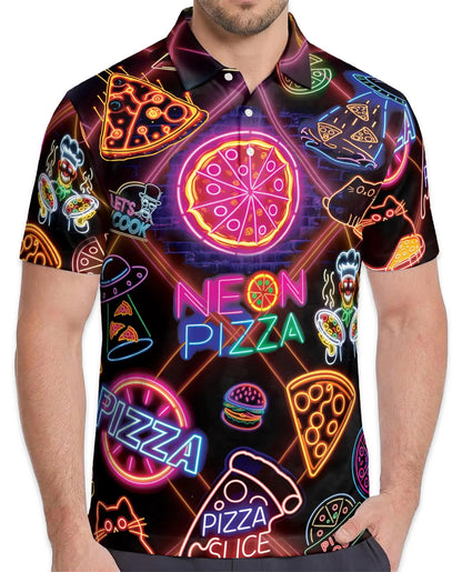 Neon Pizza Polo Shirt for Men, Colorful Food Lover Style | Azhawaiian