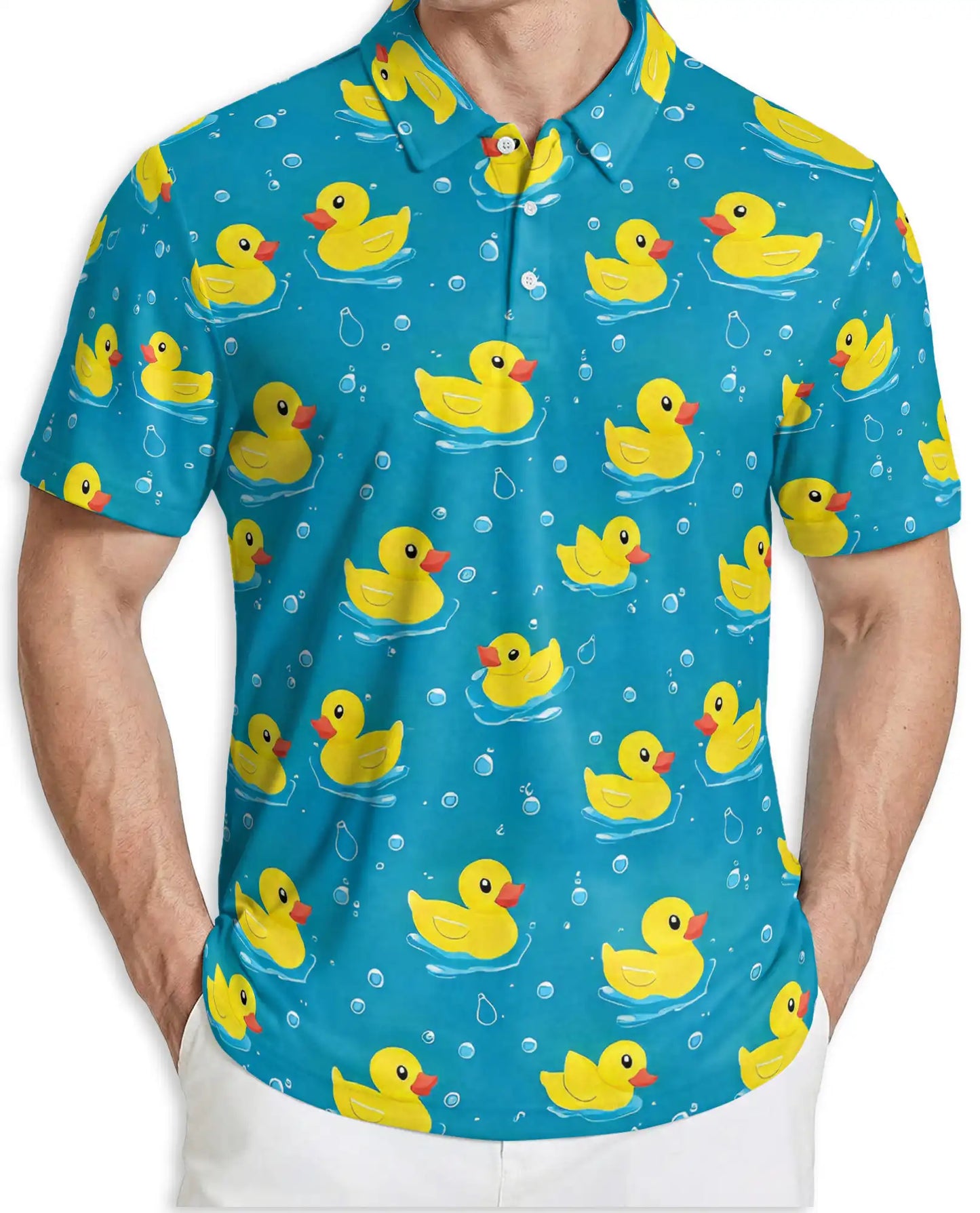 Cute Yellow Duck 3D Polo Shirt for Men, Funny Bath Duck Ocean Style | Azhawaiian