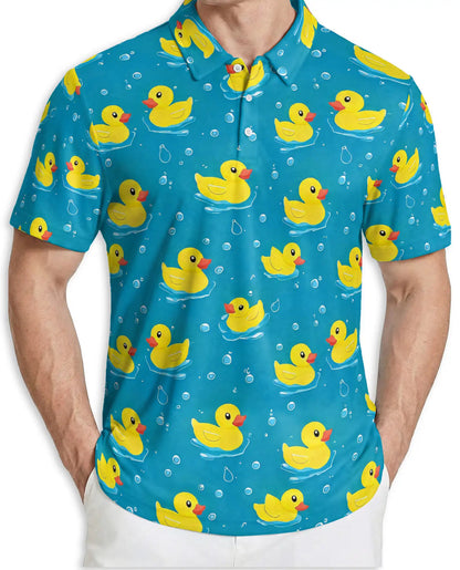 Cute Yellow Duck 3D Polo Shirt for Men, Funny Bath Duck Ocean Style | Azhawaiian