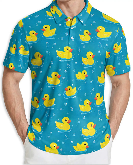 Cute Yellow Duck 3D Polo Shirt for Men, Funny Bath Duck Ocean Style | Azhawaiian