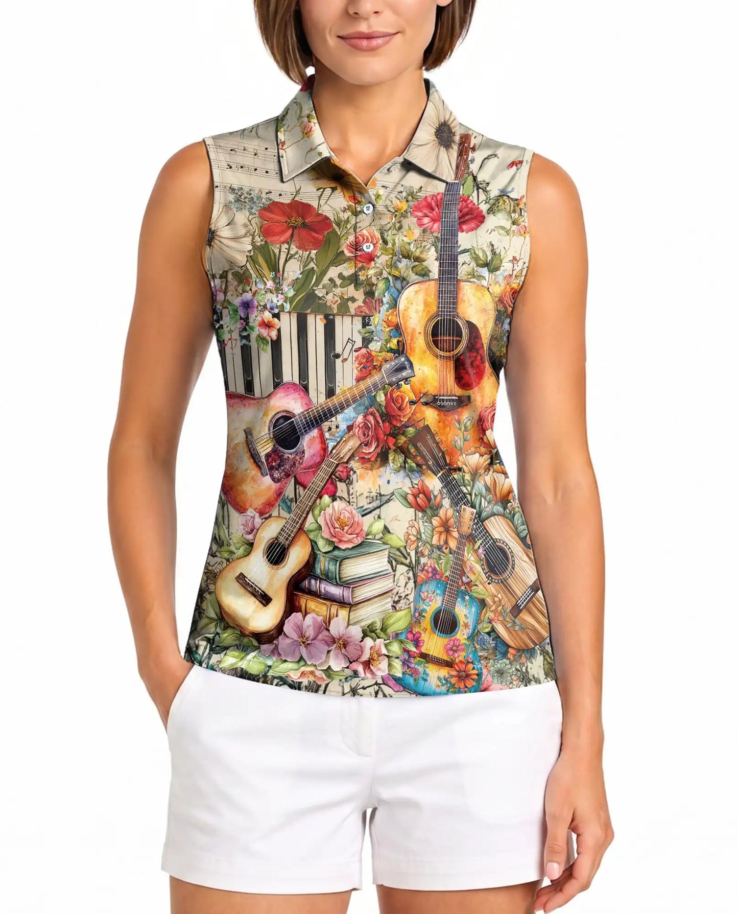 Vintage Flower Ukulele Sleeveless Polo Shirt for Women, Boho Music Style | Azhawaiian