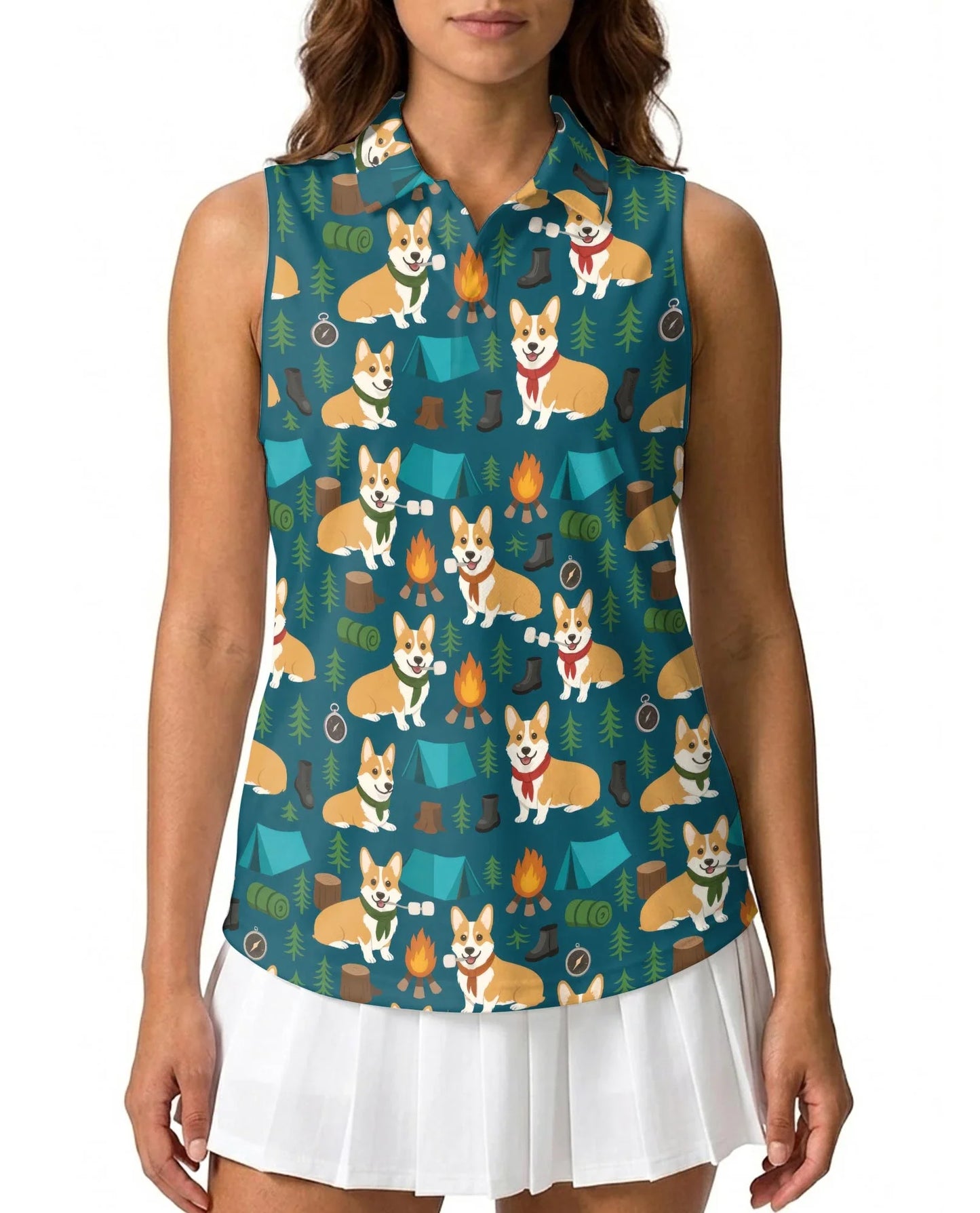 Corgi Camping Sleeveless Polo Shirt for Women, Cute Outdoor Dog Style | Azhawaiian