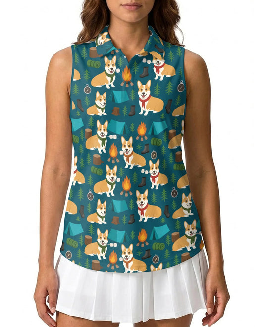 Corgi Camping Sleeveless Polo Shirt for Women, Cute Outdoor Dog Style | Azhawaiian