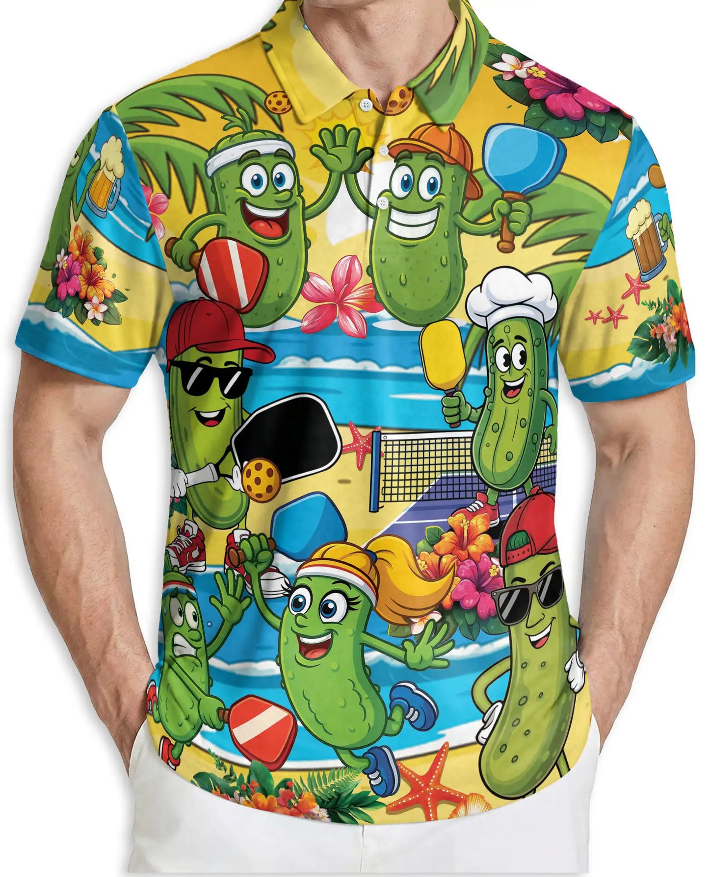 Funny Pickle Beach Pickleball Polo Shirt for Men-Cartoon Pickle Tropical | Azhawaiian