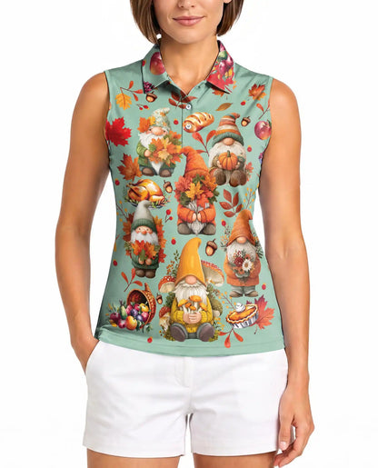 Autumn Harvest Gnomes Sleeveless Polo Shirt for Women | Azhawaiian