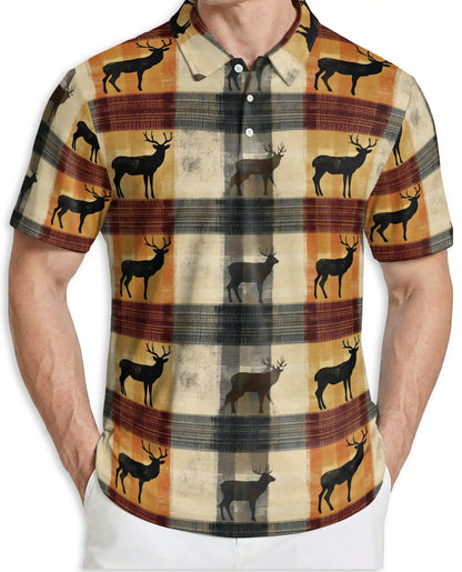 Deer Plaid 3D Polo Shirt for Men, Rustic Hunting Outdoor Style | Azhawaiian