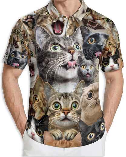 Funny Cat Faces 3D Polo Shirt for Men, Cute Kitty Meme Style | Azhawaiian