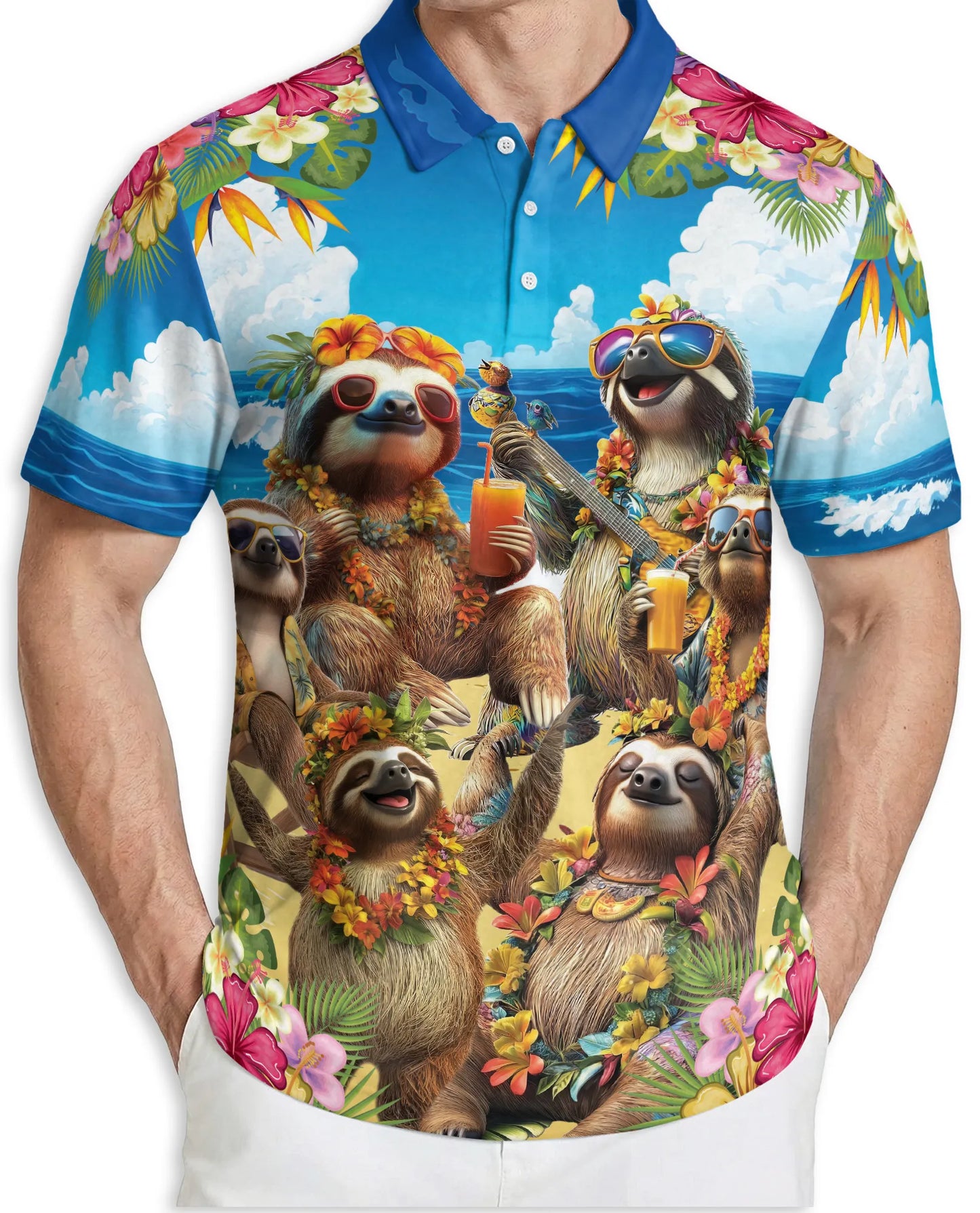Sloth Beach Party 3D Polo Shirt for Men, Funny Tropical Animal Style | Azhawaiian