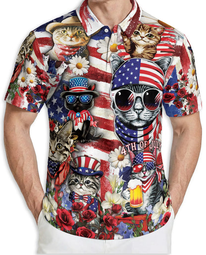 Patriotic Cat 3D Polo Shirt for Men, 4th of July USA Flag Style | Azhawaiian