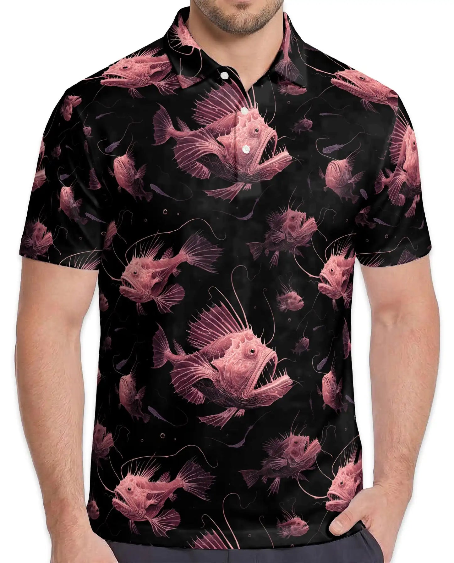 Anglerfish Polo Shirt for Men, Deep Sea Creature Style | Azhawaiian