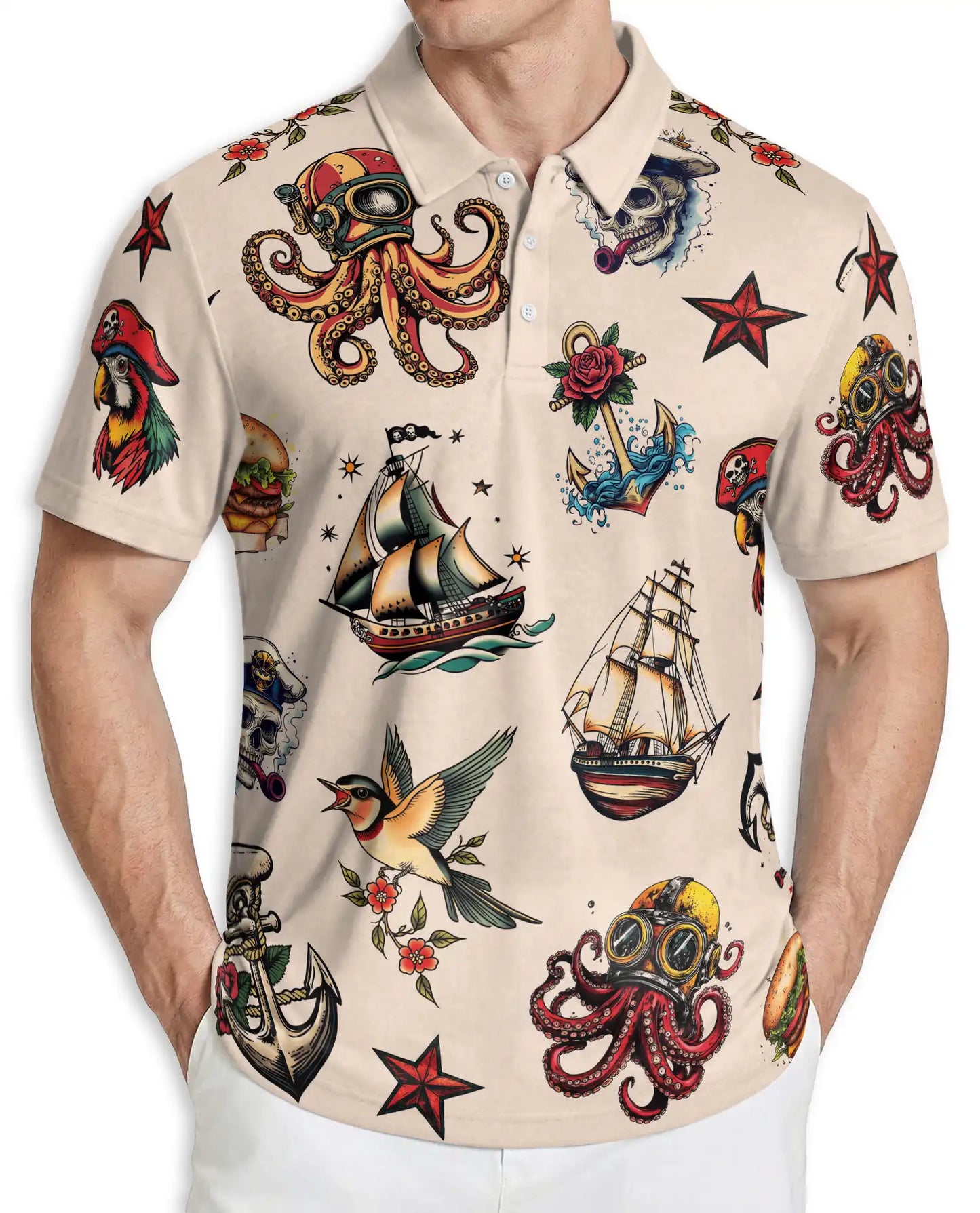 Nautical Tattoo Polo Shirt, Pirate & Octopus Print | Azhawaiian