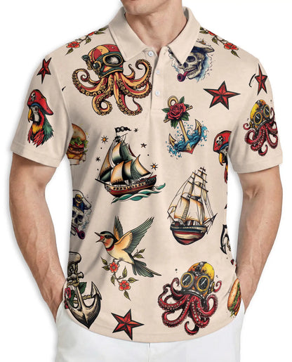 Nautical Tattoo Polo Shirt, Pirate & Octopus Print | Azhawaiian