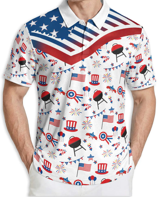 4th of July BBQ Hawaiian Polo Shirt for Men Patriotic American Flag Cookout Party Shirt | Azhawaiian