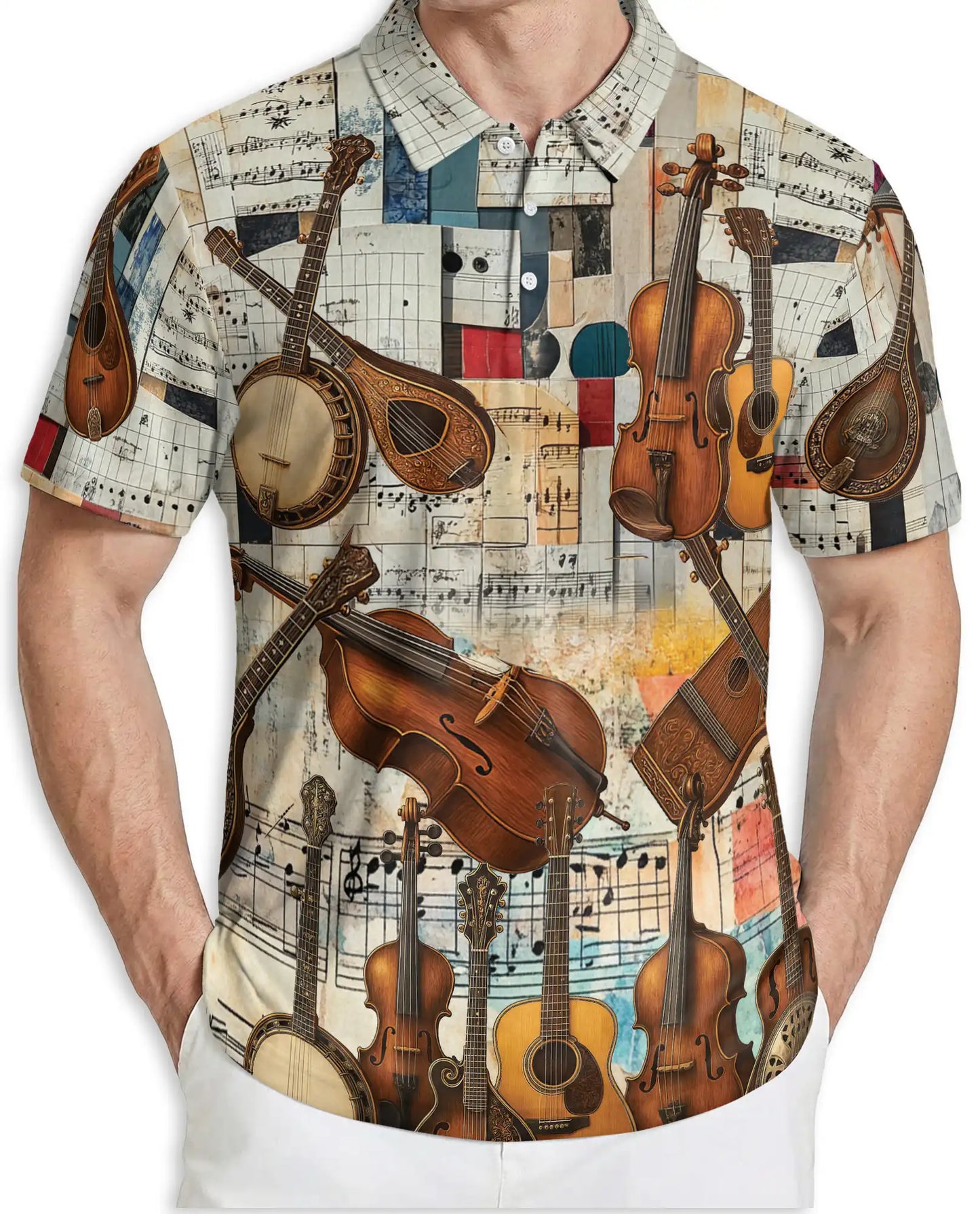 Vintage Music Polo Shirt, Instrument Collage Print | Azhawaiian