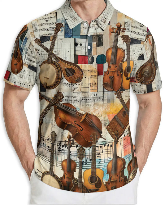 Vintage Music Polo Shirt, Instrument Collage Print | Azhawaiian