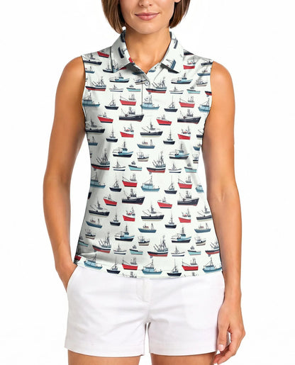 Fishing Boat Sleeveless Polo Shirt for Women | Azhawaiian