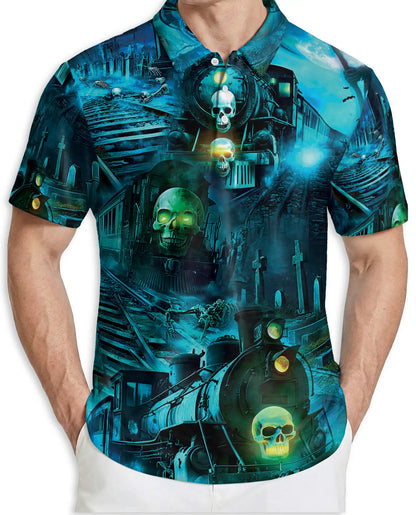 Haunted Ghost Train Skull Hawaiian Polo Shirt for Men-Gothic Horror Shirt | Azhawaiian