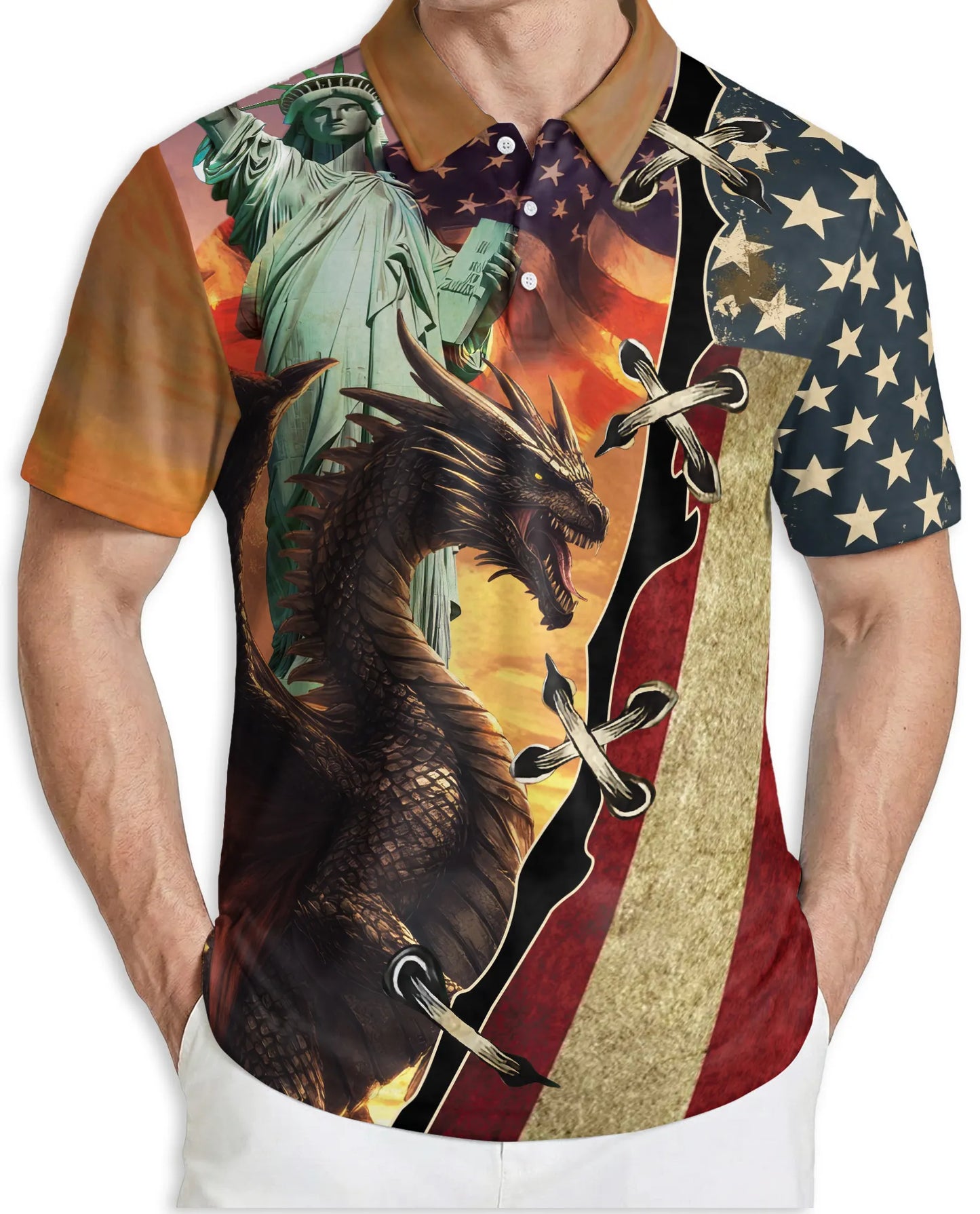 American Dragon 3D Polo Shirt for Men, Patriotic Fantasy Flag Style | Azhawaiian