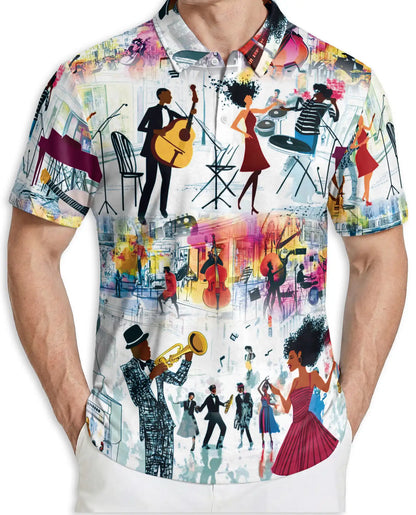 Jazz Music Party 3D Polo Shirt for Men, Colorful Retro Musician Style | Azhawaiian