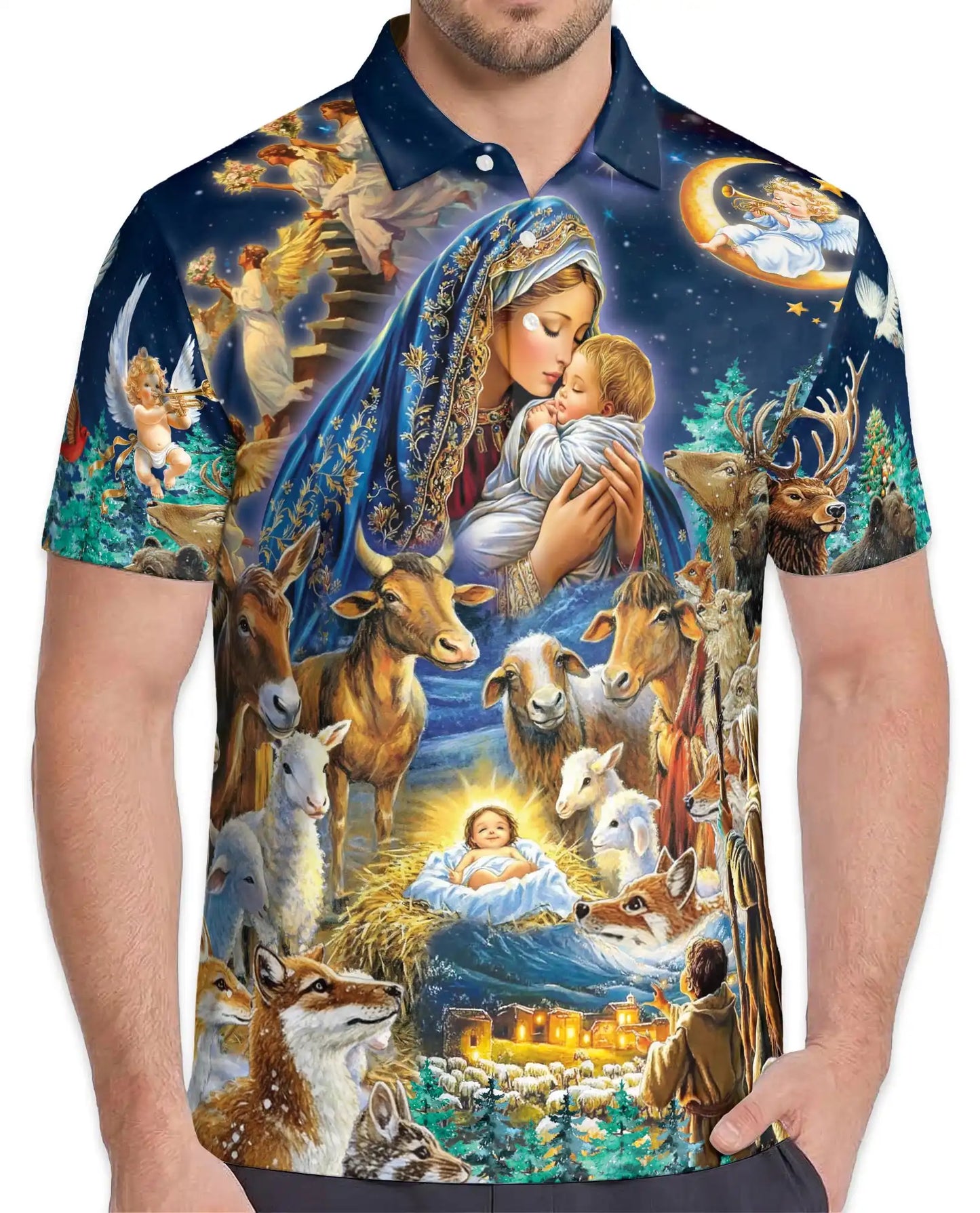 Nativity Scene Christmas Polo Shirt for Men- Christian Faith Holy Night | Azhawaiian
