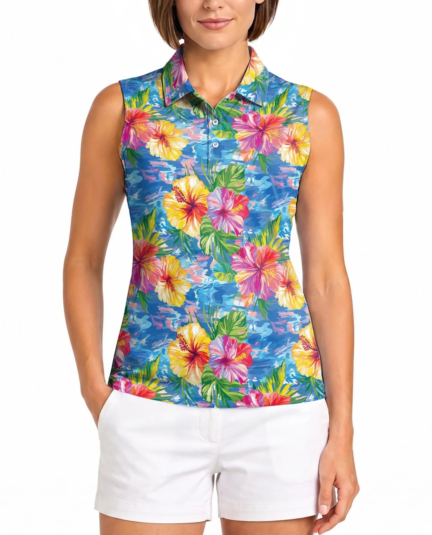 Hibiscus Seas Blue Sleeveless Polo Shirt for Women | Azhawaiian