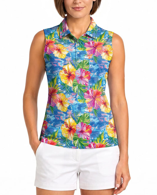 Hibiscus Seas Blue Sleeveless Polo Shirt for Women | Azhawaiian