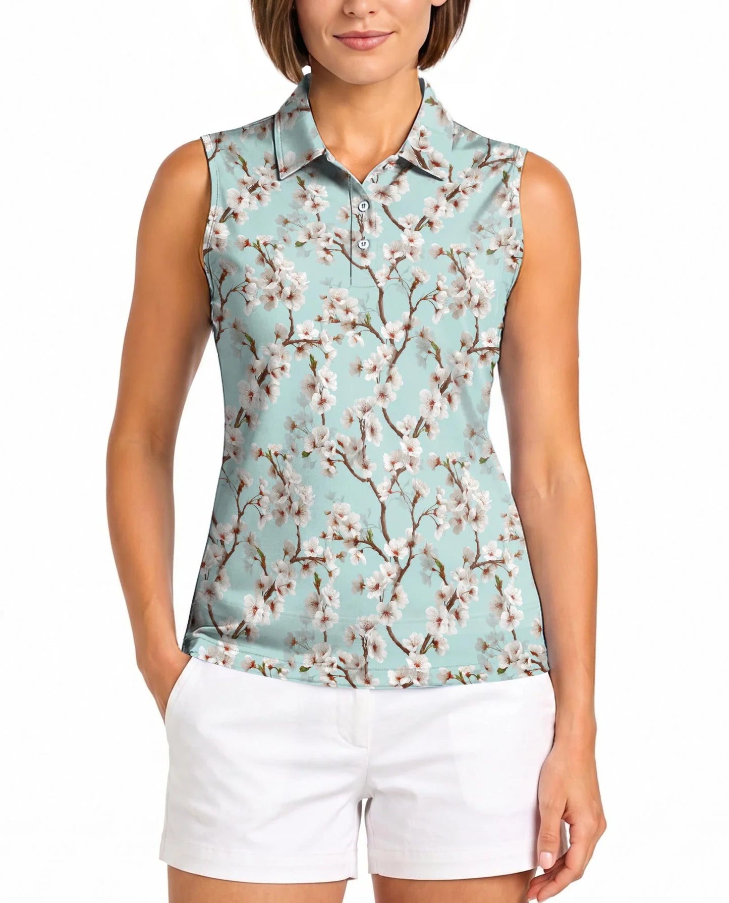 White Sakura Cherry Blossom Sleeveless Polo Shirt for Women, Elegant Floral Style