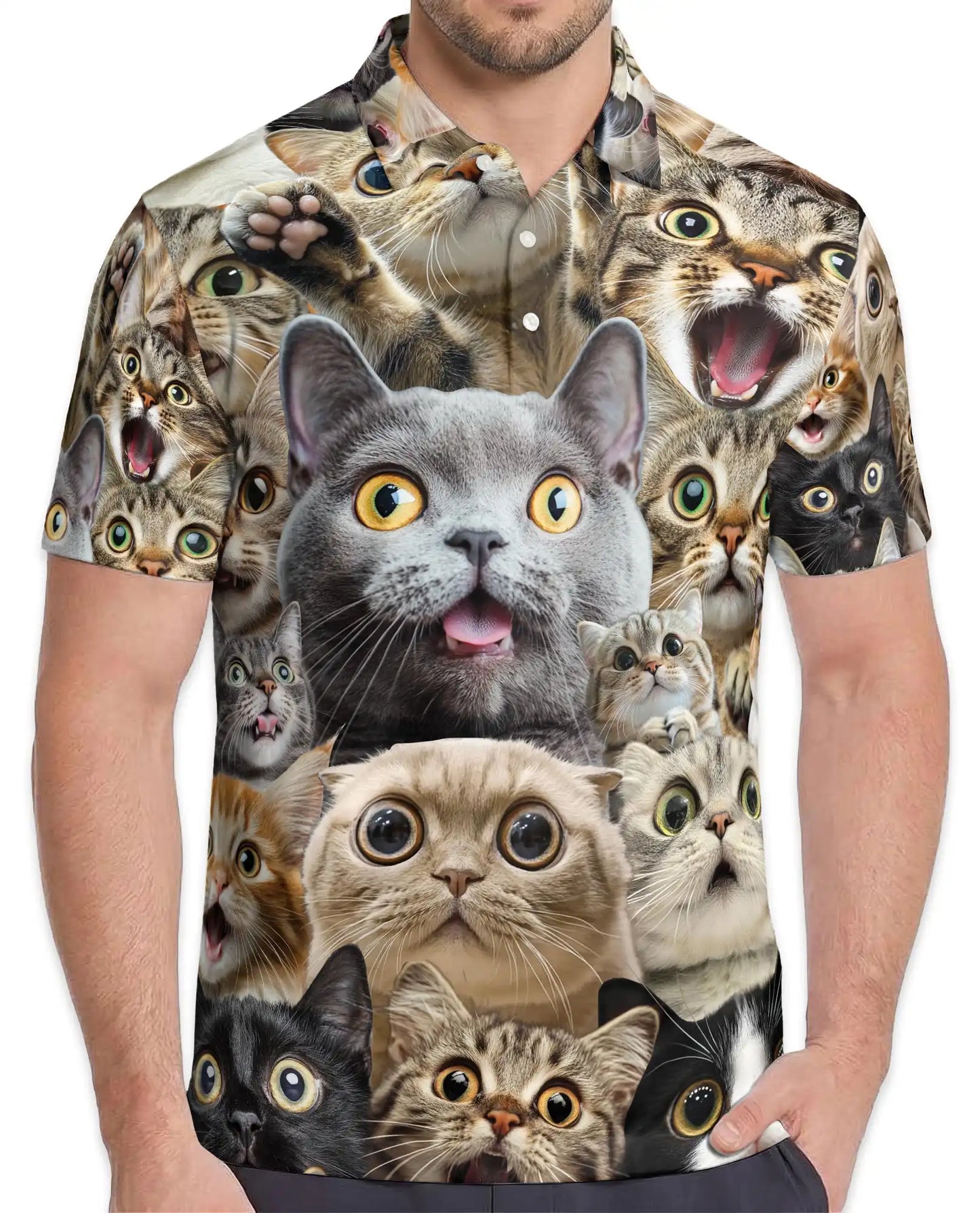 Funny Cat Faces Polo Shirt for Men - Cute Cat Lover | Azhawaiian