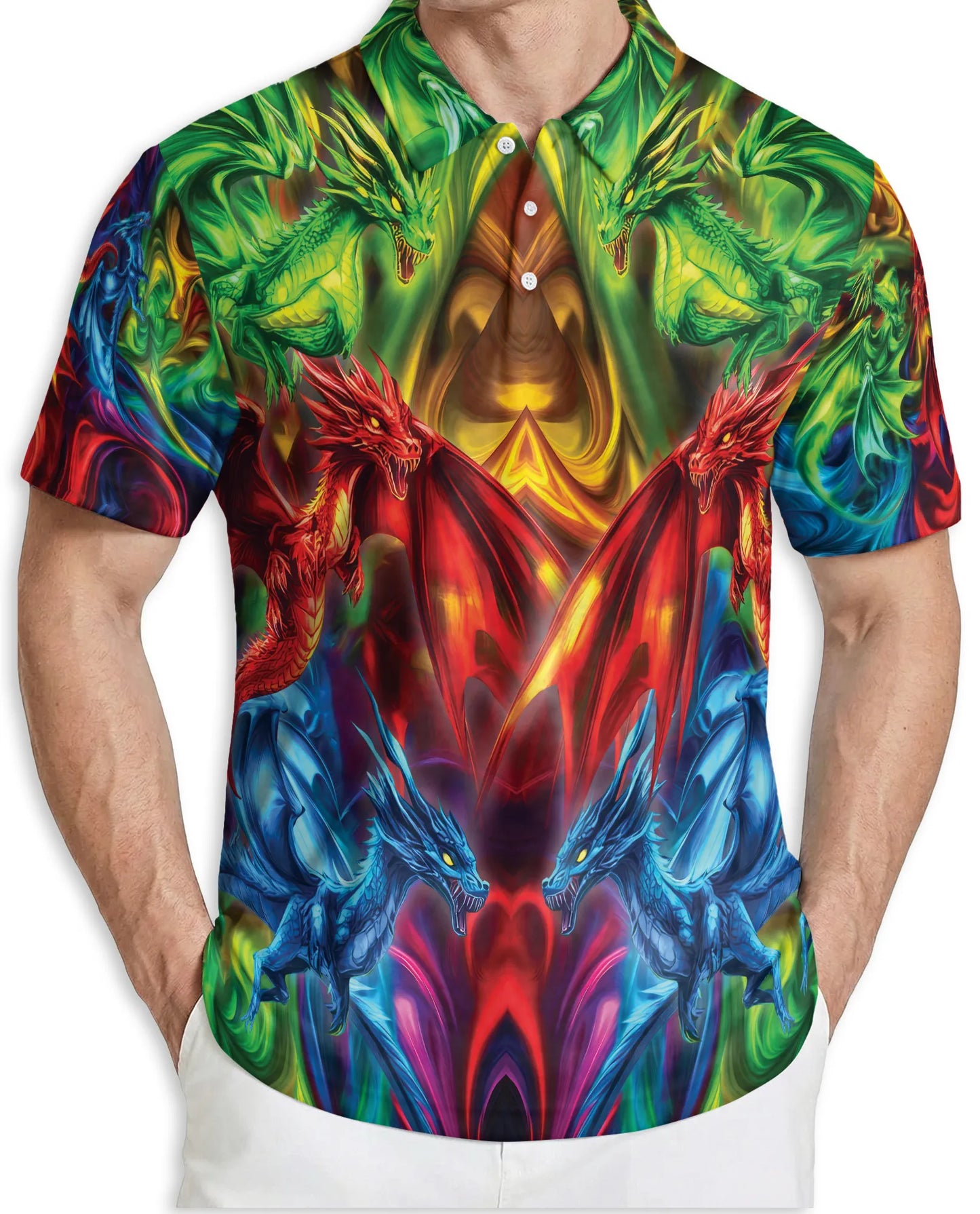 Colorful Dragon 3D Polo Shirt for Men, Fantasy Fire Art Style | Azhawaiian