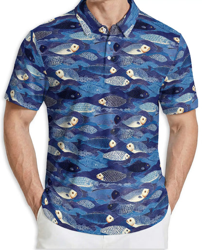 Blue Coastal Fish Polo Shirt for Men- Ocean Fish Pattern | Azhawaiian