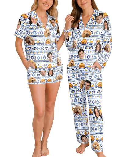 Personalized Hanukkah Latke Pajamas for Women – Custom Face & Pet Photo Fair Isle Print