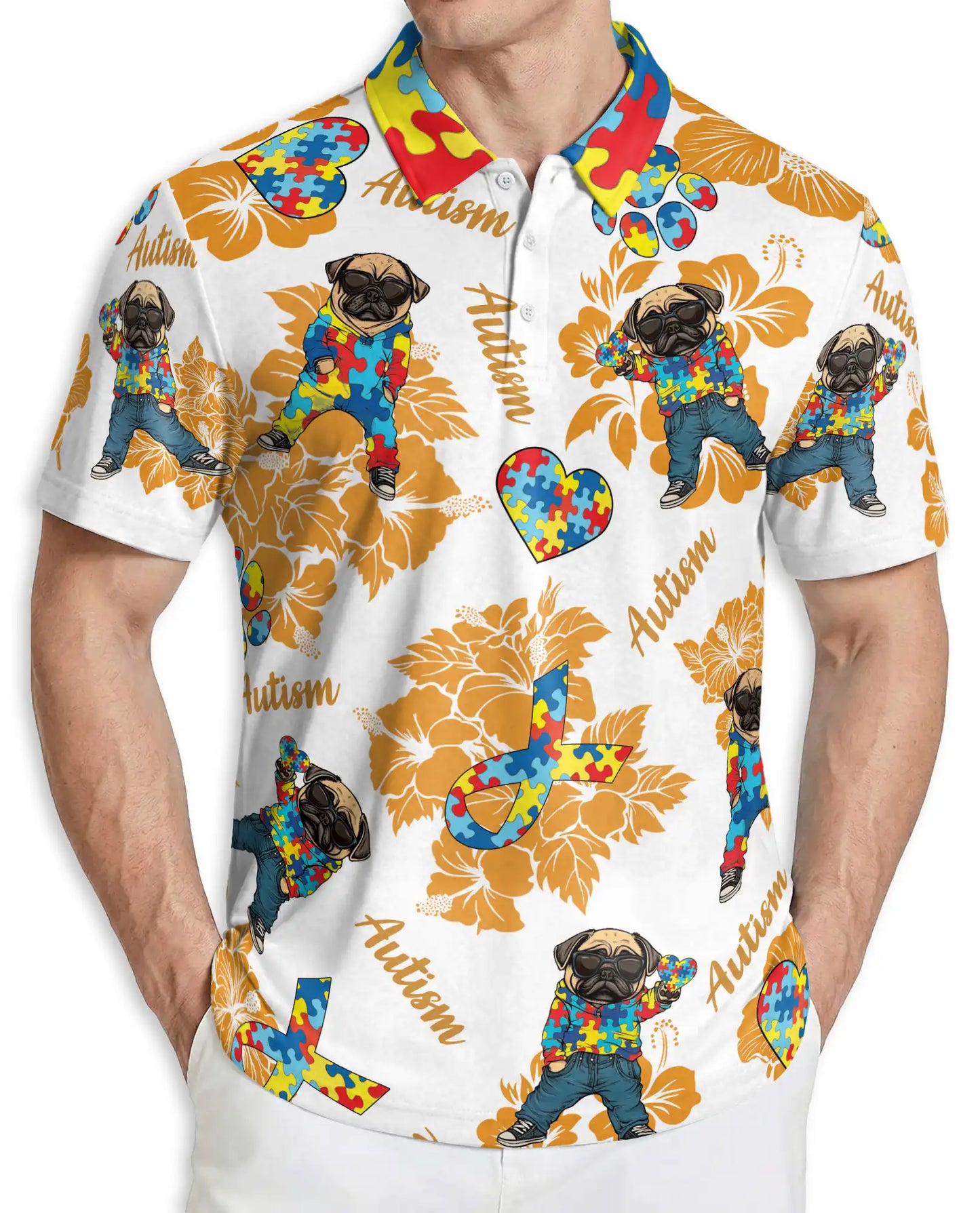 Autism Awareness Pug Polo Shirt, Puzzle Style | Azhawaiian