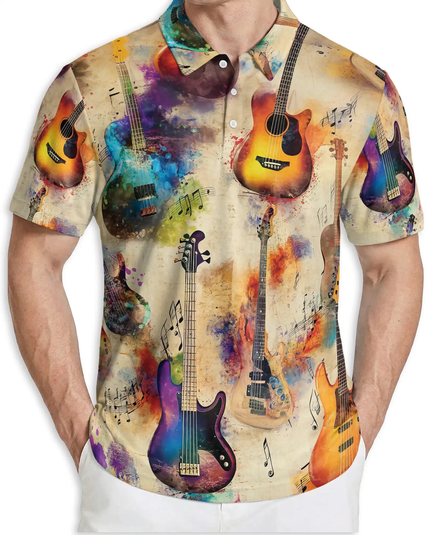 Watercolor Guitar Polo Shirt, Artistic Music Print | Azhawaiian