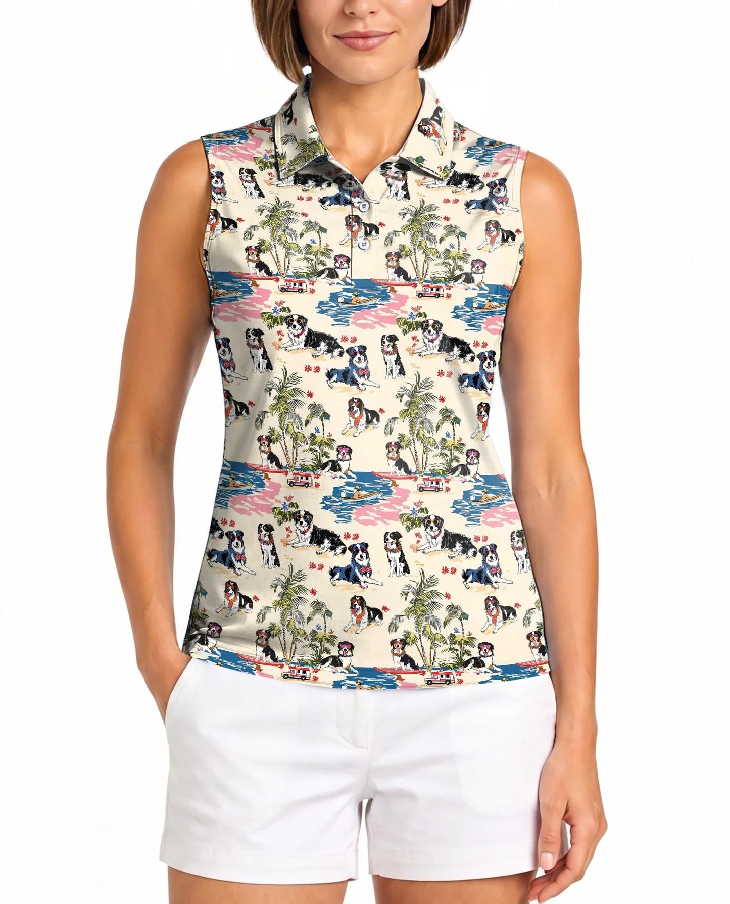 Australian Shepherd Summer Beach Sleeveless Polo Shirt for Women | Azhawaiian