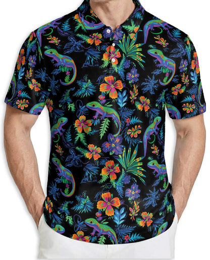Colorful Chameleon 3D Polo Shirt for Men, Tropical Floral Reptile Style | Azhawaiian