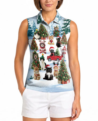 Cat Christmas Santa Sleeveless Polo Shirt for Women | Azhawaiian