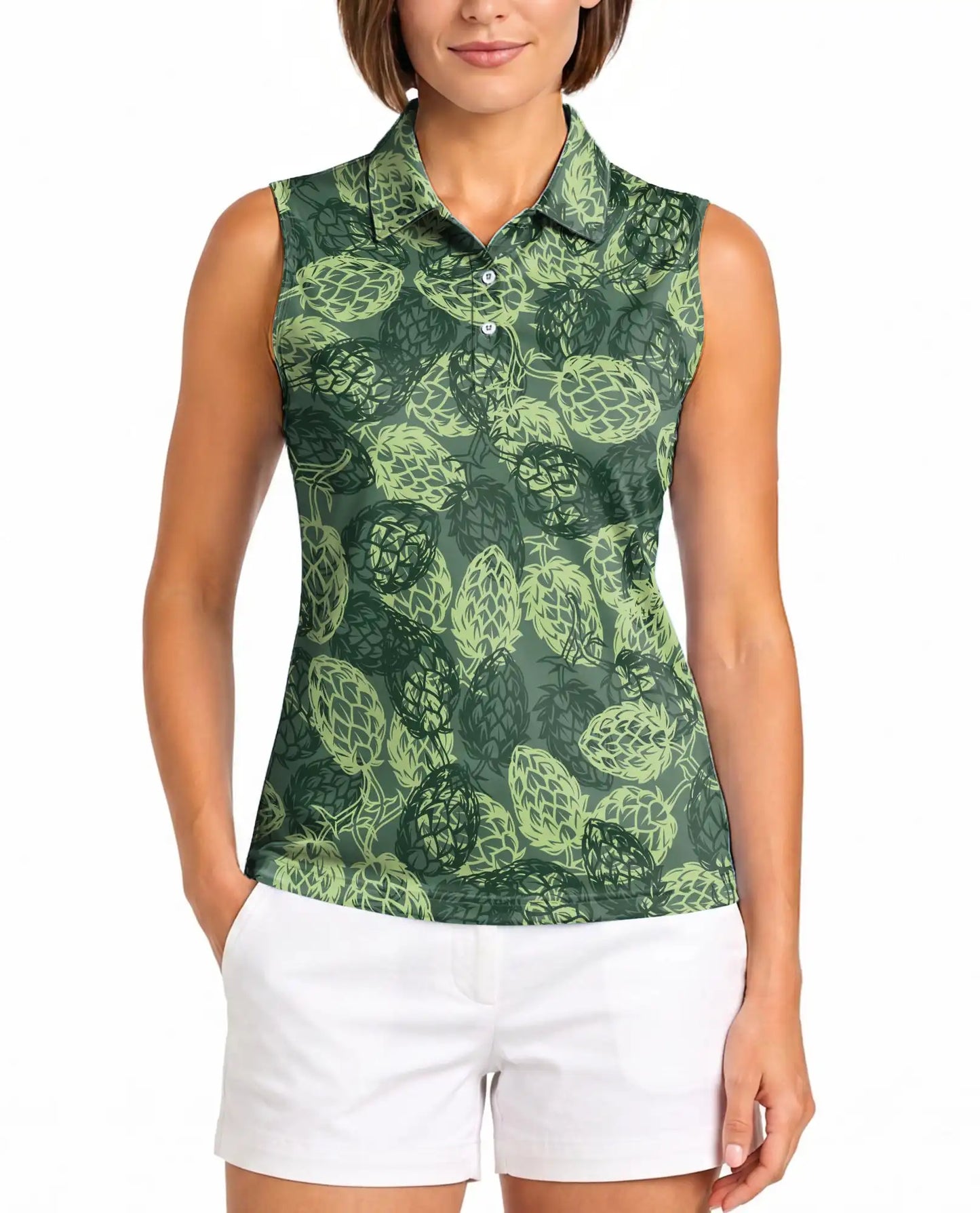 Hops Pattern Sleeveless Polo Shirt for Women, Botanical Craft Style | Azhawaiian