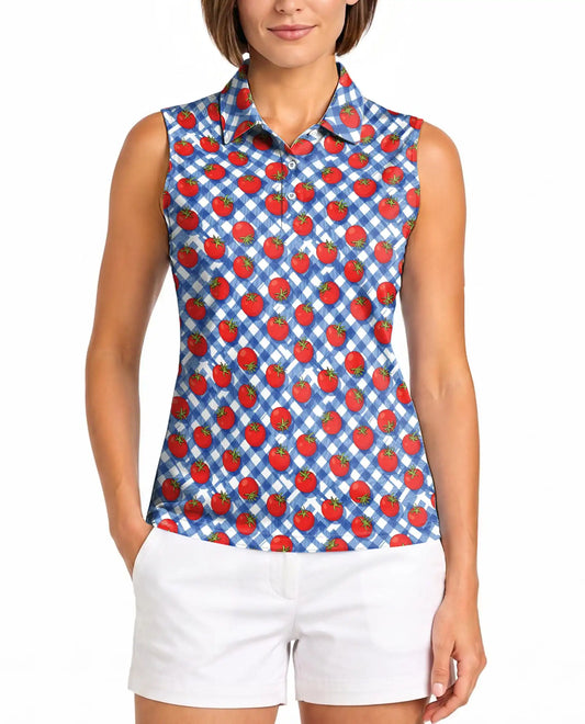 Tomato Gingham Pattern Sleeveless Polo Shirt for Women | Azhawaiian